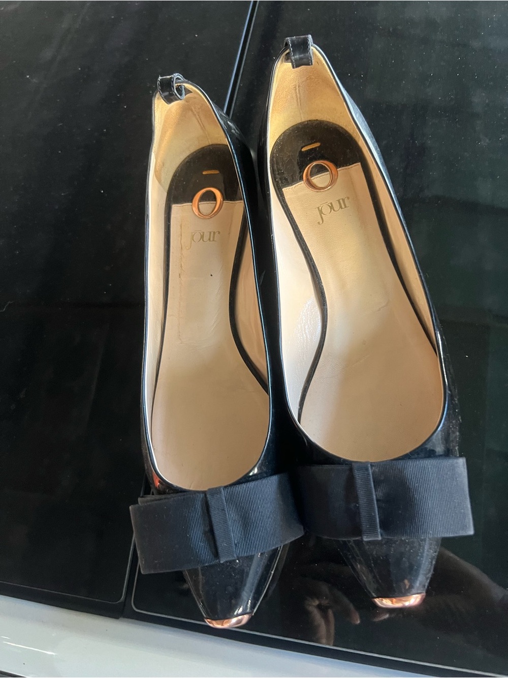 O Jour Black Patent Pointed Toe Flats with Bow and Gold Toe Cap